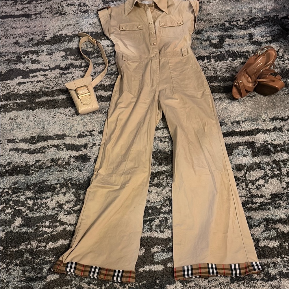 Tan Jumpsuit with Plaid Trim/crossbag/shoes - bundle - NWOT